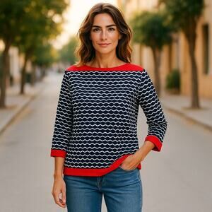 Ruby Rd. Womens Top Sz M Blue‎ White Orange Red Nautical Look Knit